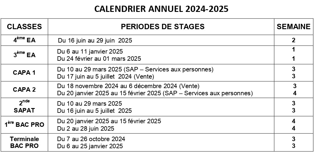 Calendrier des stages de l'année 2024-2025