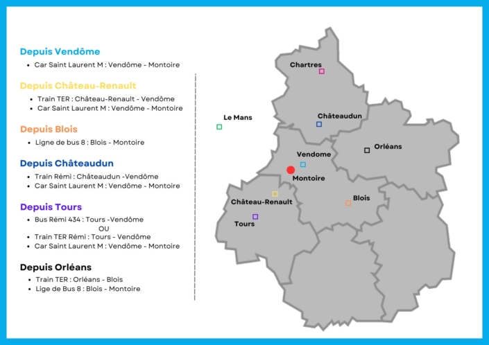 carte-transports-region-centre Une carte avec les grandes villes de la région Centre et des itinéraires en transport en commun pour venir à Montoire